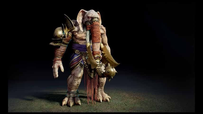 An armoured ogre character in a dark studio