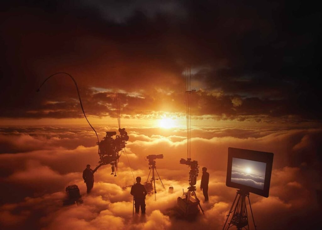 A film crew on a sunset cloud deck