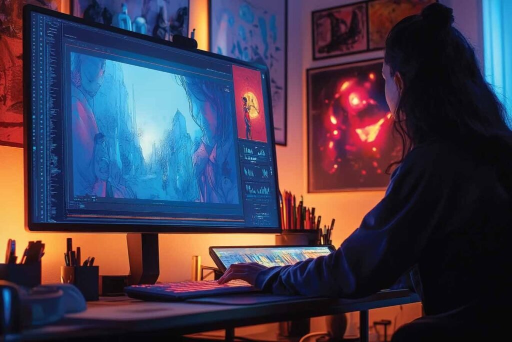 A designer at a monitor showing artwork