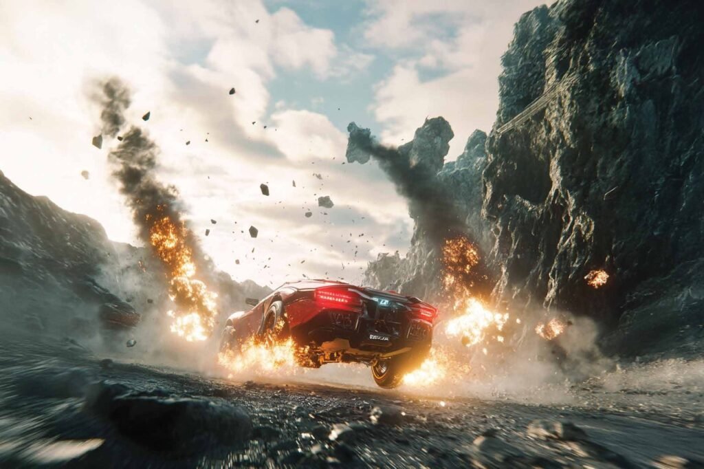 A car racing through an explosion