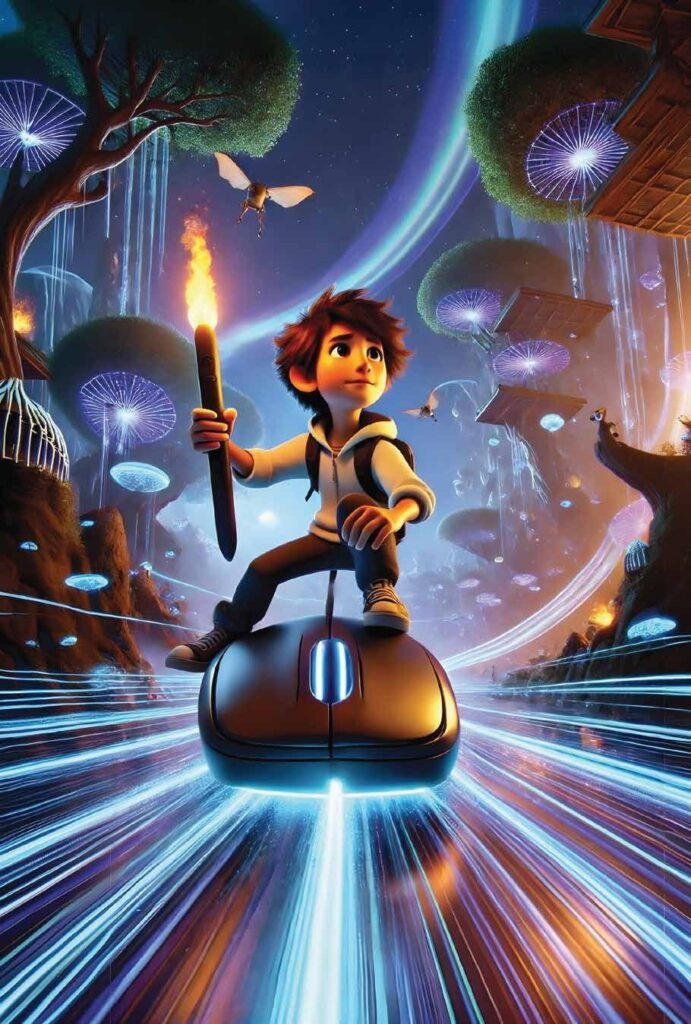 A cartoon boy on a glowing hoverboard