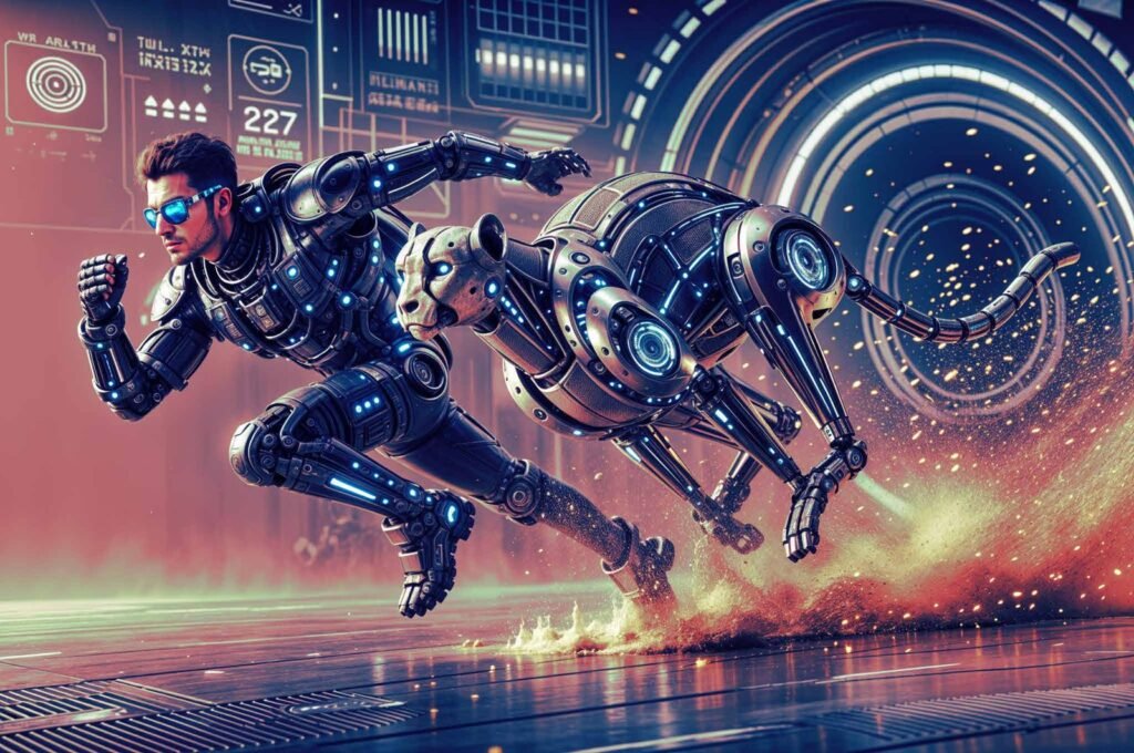 Sprinting figures in a neon motion design