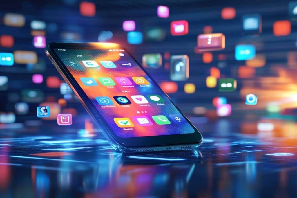 A phone surrounded by floating app icons