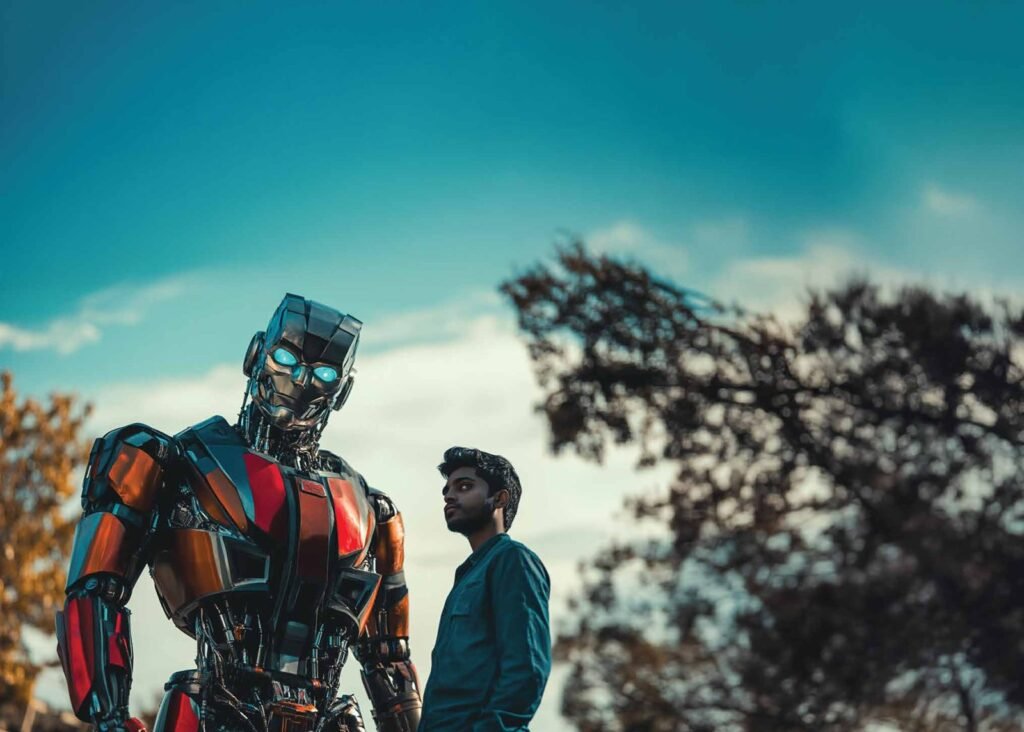A robot standing beside two people on a street