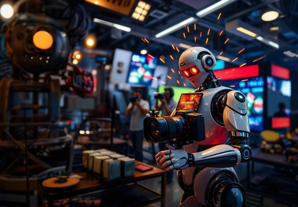 A robot working in a cluttered workshop
