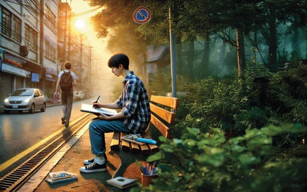 A young man sketching on a bench beside a street