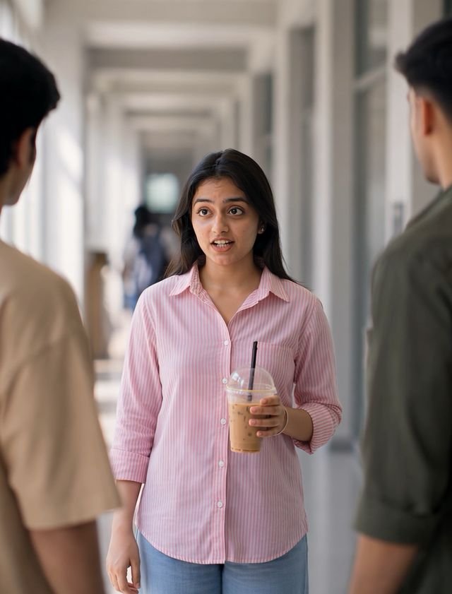 A student walking through a corridor, asking about the scholarship