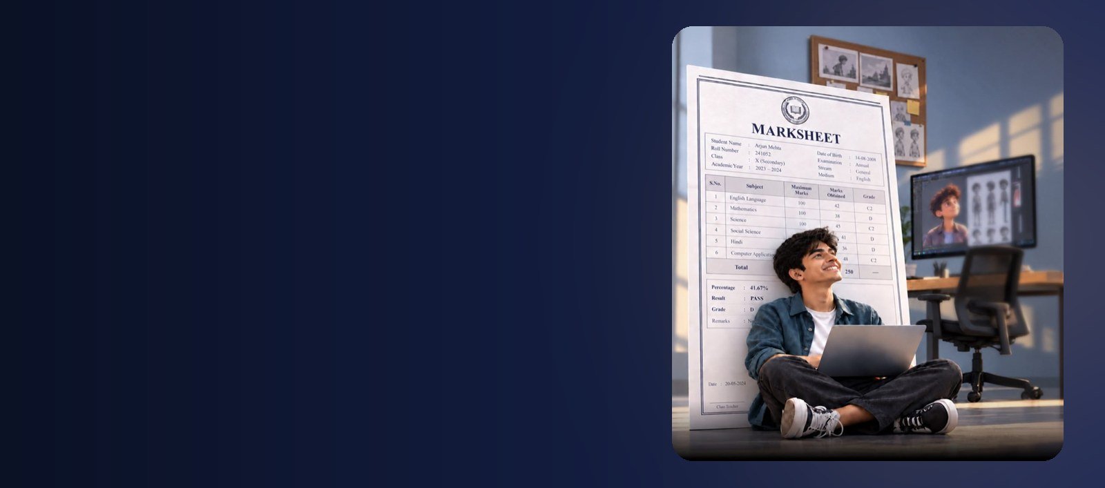 Bharat Creator Scholarship: a student with a marksheet and laptop