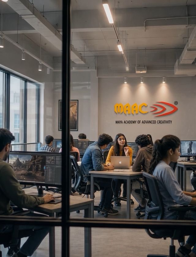 Students working at computers in a creative studio